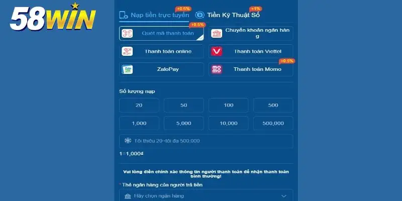 Cách nạp tiền 58win qua chuyển khoản ngân hàng