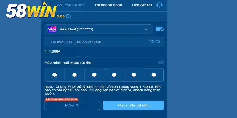 Hướng dẫn thao tác rút tiền 58win